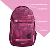 A marketing image of a purple backpack with pink abstract patterns, highlighting its features with text overlays. Anteprima dell’immagine prodotto