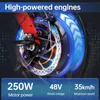 Close-up of an electric scooter wheel and brake system, with marketing text and specifications. Produktbild-Vorschau