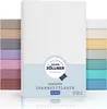 A white baby crib sheet is shown in the center, with swatches of various colored sheets arranged to the left and right. Produktbild-Vorschau