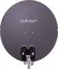 The back of a dark gray satellite dish with the brand name 'DUR-line' printed on it. Two LNBs are attached to the dish, with cables running down. Produktbild-Vorschau