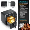 A product image of a black air fryer with text and graphics highlighting its features and specifications. Produktbild-Vorschau