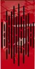 A red background with black vertical lines creating a sound wave pattern. Produktbild-Vorschau
