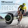A cyclist in motion, with a smartwatch in the foreground displaying cycling modes. Produktbild-Vorschau