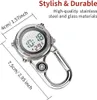 A digital watch with a carabiner clip and a compass, with dimensions and feature descriptions overlaid. Produktbild-Vorschau