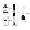 A product collage showing a hand blender with its accessories and dimension markings. Produktbild-Vorschau