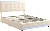 A beige upholstered bed frame with a tufted headboard and footboard, featuring LED lighting along the bottom and headboard. Anteprima dell’immagine prodotto