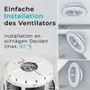 Collage showing installation details of a ceiling fan with text in German. Produktbild-Vorschau