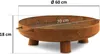 A rusty fire pit with dimensions indicated by text overlays. Produktbild-Vorschau