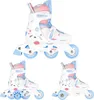 Three pairs of children's roller skates are displayed against a white background. Produktbild-Vorschau