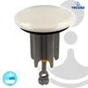 A white ceramic drain plug with a gray plastic base and threaded screw. Produktbild-Vorschau
