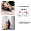 Collage of two images showing a person ironing clothes and a graphic illustrating ironing features. Produktbild-Vorschau