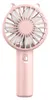 A pink handheld fan with a white fan blade and a single button on the handle. Produktbild-Vorschau