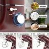 A red stand mixer with various attachments shown in separate panels below, and three images of ingredients/results (salad, cream, dough) with German text labels on the right. Produktbild-Vorschau