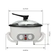 A white electric pot with a glass lid, showing dimensions. Produktbild-Vorschau