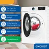 A white washing machine with its door open, displaying red laundry inside. The image features several blue and green informational overlays on the left side, highlighting product features. The brand logo 'exquisit' is visible in the bottom right corner. Produktbild-Vorschau