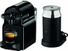 A black Nespresso coffee machine and a black milk frother are shown side-by-side on a white background. Produktbild-Vorschau