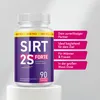 A bottle of Sirt2S Forte capsules is displayed on a white pedestal, with marketing text on the right. Produktbild-Vorschau