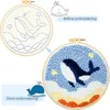 A collage showing a punch needle embroidery kit before and after completion, featuring a whale design. Produktbild-Vorschau
