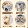 A collage of four images showcasing different features of a cat tree, with text labels. Podgląd zdjęcia produktu