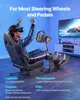 A person wearing VR goggles is enthusiastically playing a racing game on a simulator rig, with a TV screen showing the game in the background. Podgląd zdjęcia produktu