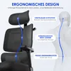 Close-up of an ergonomic office chair with a diagram illustrating its features and support points on a person's back. Produktbild-Vorschau