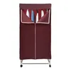 A maroon electric heated clothes rack with wheels and a touchscreen, shown with clothes hanging inside. Podgląd zdjęcia produktu
