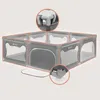 A grey playpen with transparent sides and white accents, shown with close-up views of its corner joints. Anteprima dell’immagine prodotto