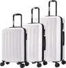 Three white suitcases of varying sizes are arranged side-by-side on a white background.