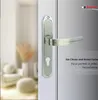 A close-up of a silver door handle and lock mechanism on a white door, with a blurred interior scene in the background. Produktbild-Vorschau
