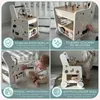 A collage of four images showing a wooden baby walker with various activities and a child interacting with it. Produktbild-Vorschau