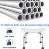 A shower stool with aluminum legs and a white seat, shown with a background image of aluminum tubes and marketing text. Produktbild-Vorschau