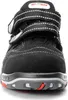 A close-up, front-facing view of a black safety shoe with white stitching and red accents on the sole. Produktbild-Vorschau