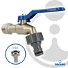 A product shot of a faucet with a blue handle and a gray hose connector, with an inset showing a different connector. Produktbild-Vorschau