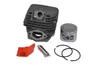 A set of chainsaw engine parts including a cylinder, piston, and piston rings, laid out on a white background. Anteprima dell’immagine prodotto