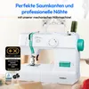 A white sewing machine with turquoise accents is shown, with text overlays and awards. Produktbild-Vorschau