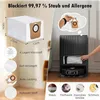 A collage of images showing vacuum cleaner accessories, their features, and a robot vacuum cleaner in its charging station. Voir les images du produit