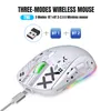 A white wireless mouse with black graphic designs and RGB lighting, connected to a USB-C cable. The image also includes text and icons describing its features. Produktbild-Vorschau