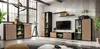 A modern living room with a large window, featuring a black and wood-tone sideboard, a tall cabinet, a TV stand with a TV, and a display cabinet. Anteprima dell’immagine prodotto