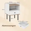 A diagram showing the dimensions of a white nightstand with a wooden shelf and drawer, along with a separate diagram of the drawer's dimensions. Podgląd zdjęcia produktu