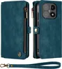 A teal wallet case for a smartphone is shown from two angles, with a wrist strap attached. Produktbild-Vorschau
