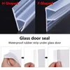 The image shows two types of glass door seals, labeled 'H-Shaped' and 'F-Shaped', and then three instructional steps on how to apply a waterproof rubber strip under a glass door. Náhľad obrázku produktu