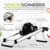 A close-up marketing image of a mandoline slicer with labels pointing out its features. Produktbild-Vorschau