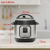 A silver and black Instant Pot Duo multi-cooker is shown on a countertop with dimensions indicated by red lines and text. Produktbild-Vorschau