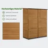 A marketing image showing a wooden garden shed with text highlighting its material quality. Produktbild-Vorschau