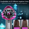 A close-up of a pink and silver hair dryer with animated water droplets and hair strands, alongside before and after images of hair. Produktbild-Vorschau