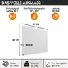 Marketing image showing dimensions and features of a white infrared heater. Produktbild-Vorschau