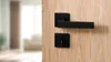 A close-up of a black door handle and lock set mounted on a wooden door. Produktbild-Vorschau
