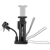 A black bicycle pump with a white handle and a black hose with a pump head attached. Produktbild-Vorschau