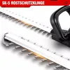 Close-up view of hedge trimmer blades with a red banner at the top. Produktbild-Vorschau