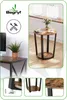 A collage of images showcasing an industrial-style round side table with a wood-look top and black metal legs, including close-ups of its features and a lifestyle shot. Podgląd zdjęcia produktu